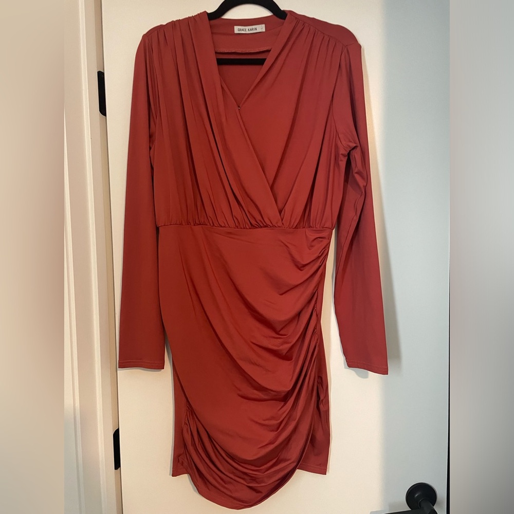 Grace Karin Orange Bodycon Dress V-neck Long Sleeve